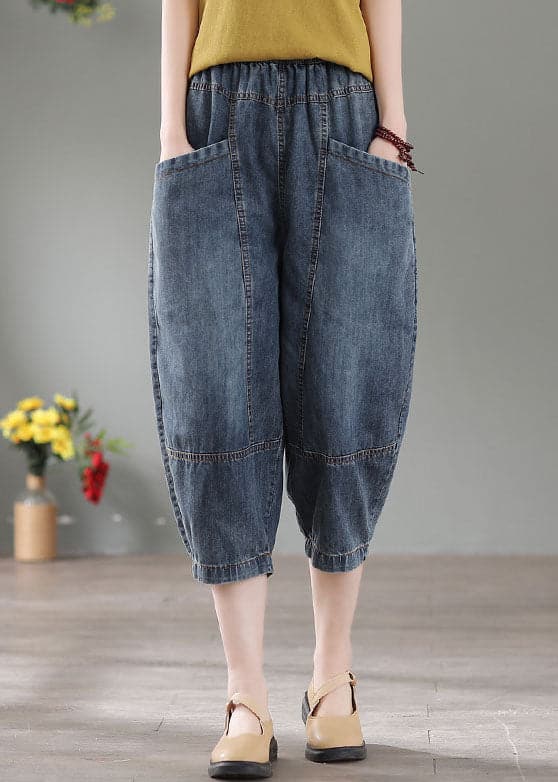 Vintage Denim Blue High Waist Pockets Cotton Crop Pants Summer NZ-CPTS220627