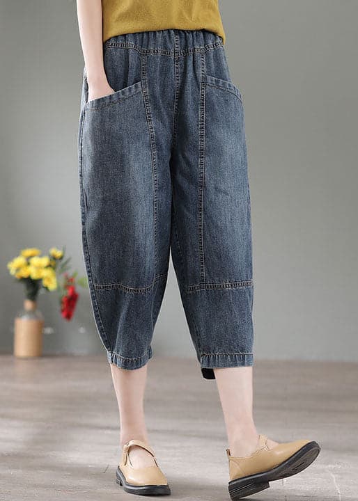 Vintage Denim Blue High Waist Pockets Cotton Crop Pants Summer NZ-CPTS220627