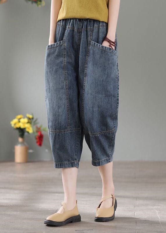 Vintage Denim Blue High Waist Pockets Cotton Crop Pants Summer NZ-CPTS220627