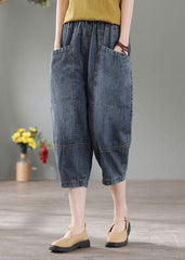 Vintage Denim Blue High Waist Pockets Cotton Crop Pants Summer NZ-CPTS220627
