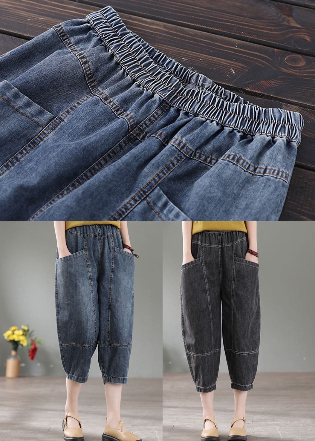 Vintage Denim Blue High Waist Pockets Cotton Crop Pants Summer NZ-CPTS220627