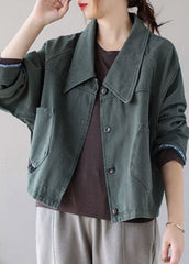 Vintage Green Button Patchwork Pockets Fall Denim Coat BSDJK-DJK211117