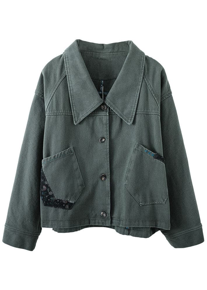 Vintage Green Button Patchwork Pockets Fall Denim Coat BSDJK-DJK211117