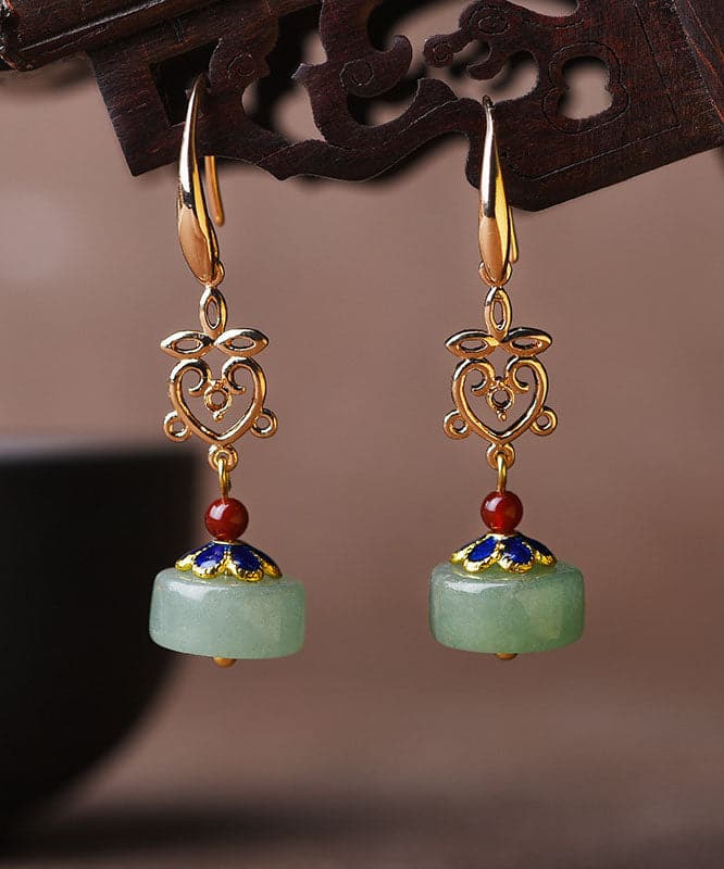 Vintage Green Fine Jade Original Design 14K Gold Drop Earrings Jew-EAR220805