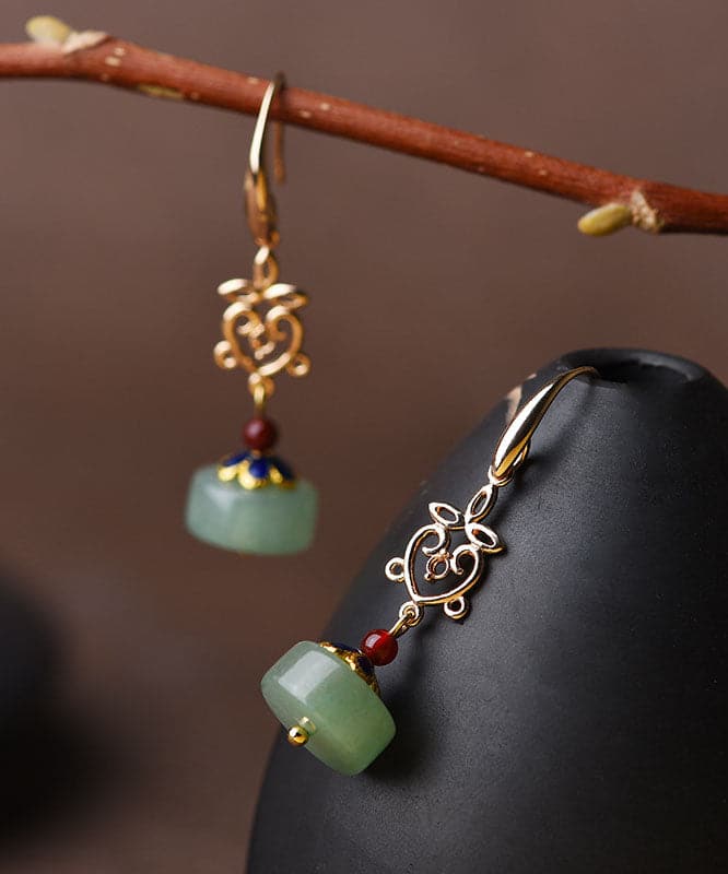 Vintage Green Fine Jade Original Design 14K Gold Drop Earrings Jew-EAR220805
