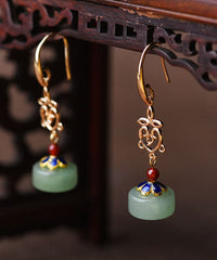Vintage Green Fine Jade Original Design 14K Gold Drop Earrings Jew-EAR220805