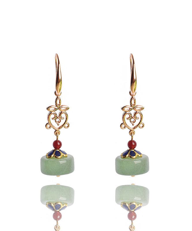 Vintage Green Fine Jade Original Design 14K Gold Drop Earrings Jew-EAR220805