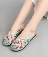 Vintage Green Linen Fabric Embroideried Comfy Slide Sandals SHOE-LT220328