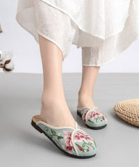 Vintage Green Linen Fabric Embroideried Comfy Slide Sandals SHOE-LT220328