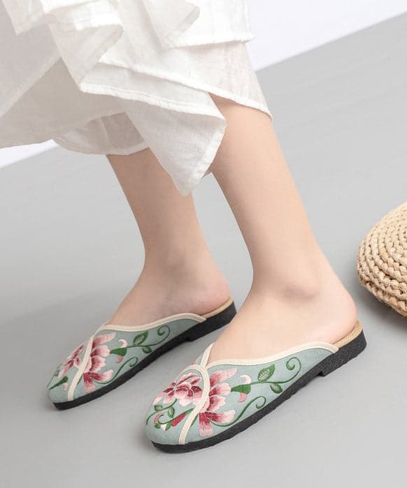 Vintage Green Linen Fabric Embroideried Comfy Slide Sandals SHOE-LT220328