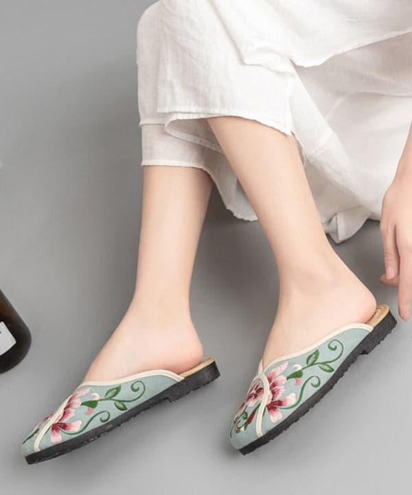 Vintage Green Linen Fabric Embroideried Comfy Slide Sandals SHOE-LT220328