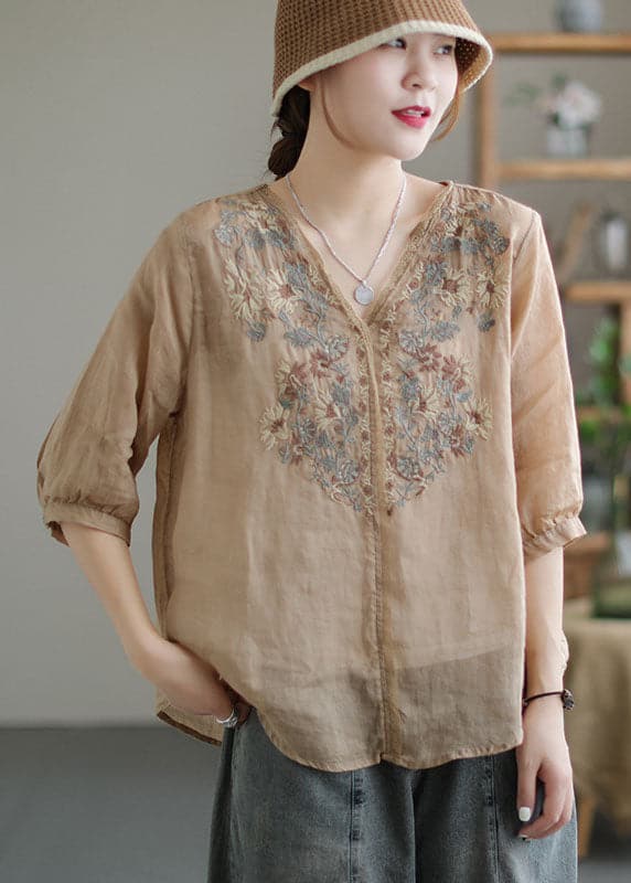 Vintage Khaki Embroideried Lace Patchwork Linen Shirt Top Half Sleeve GK-HTP220509