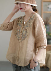 Vintage Khaki Embroideried Lace Patchwork Linen Shirt Top Half Sleeve GK-HTP220509