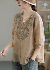 Vintage Khaki Embroideried Lace Patchwork Linen Shirt Top Half Sleeve GK-HTP220509