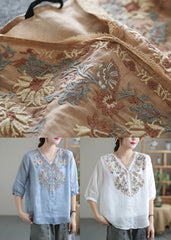 Vintage Khaki Embroideried Lace Patchwork Linen Shirt Top Half Sleeve GK-HTP220509
