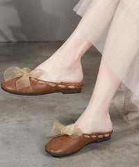 Vintage Lace Up Flat Shoes Brown Cowhide Leather Slippers LT210609