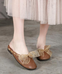 Vintage Lace Up Flat Shoes Brown Cowhide Leather Slippers LT210609