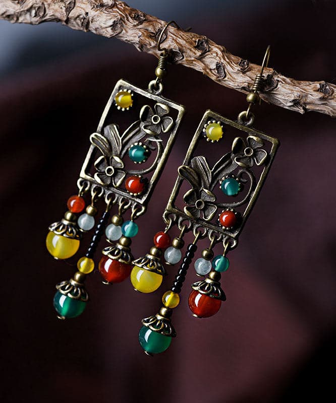 Vintage Multi Color Agate Metal Copper Tassel Drop Earrings Jew-EAR220805