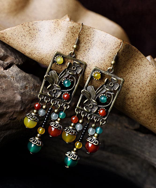 Vintage Multi Color Agate Metal Copper Tassel Drop Earrings Jew-EAR220805