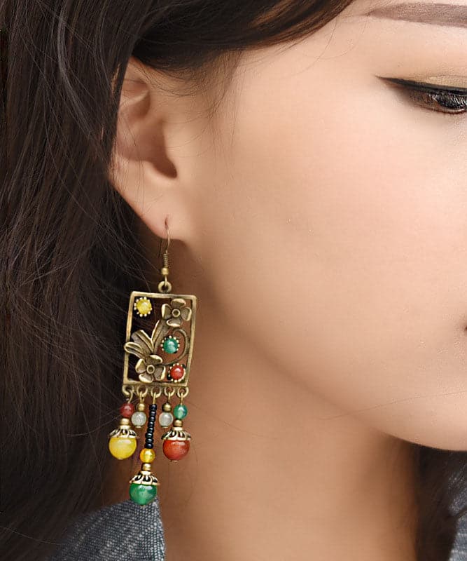 Vintage Multi Color Agate Metal Copper Tassel Drop Earrings Jew-EAR220805