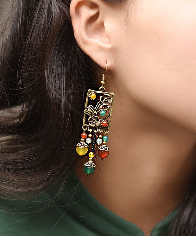 Vintage Multi Color Agate Metal Copper Tassel Drop Earrings Jew-EAR220805