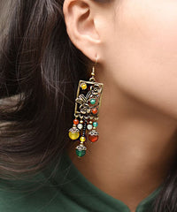 Vintage Multi Color Agate Metal Copper Tassel Drop Earrings Jew-EAR220805