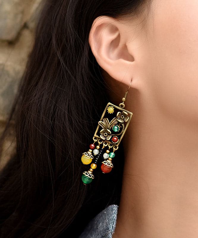 Vintage Multi Color Agate Metal Copper Tassel Drop Earrings Jew-EAR220805