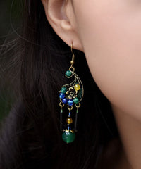 Vintage Peacock Green Agate Metal Drop Earrings Jew-EAR220805