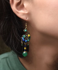 Vintage Peacock Green Agate Metal Drop Earrings Jew-EAR220805