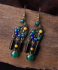 Vintage Peacock Green Agate Metal Drop Earrings Jew-EAR220805
