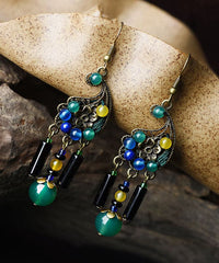 Vintage Peacock Green Agate Metal Drop Earrings Jew-EAR220805