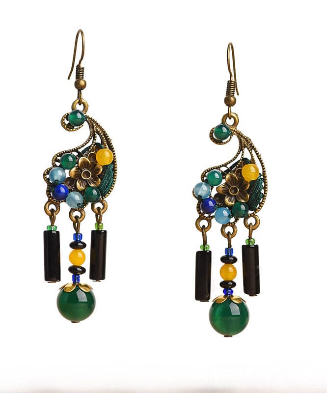 Vintage Peacock Green Agate Metal Drop Earrings Jew-EAR220805