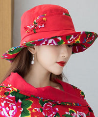 Vintage Red Print Linen Contton Floppy Sun Hat dylinoshop