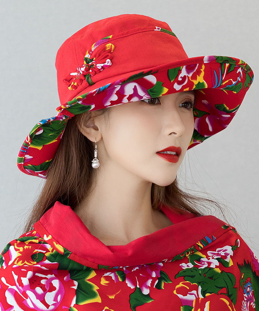 Vintage Red Print Linen Contton Floppy Sun Hat dylinoshop
