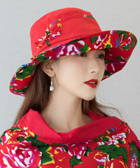 Vintage Red Print Linen Contton Floppy Sun Hat dylinoshop