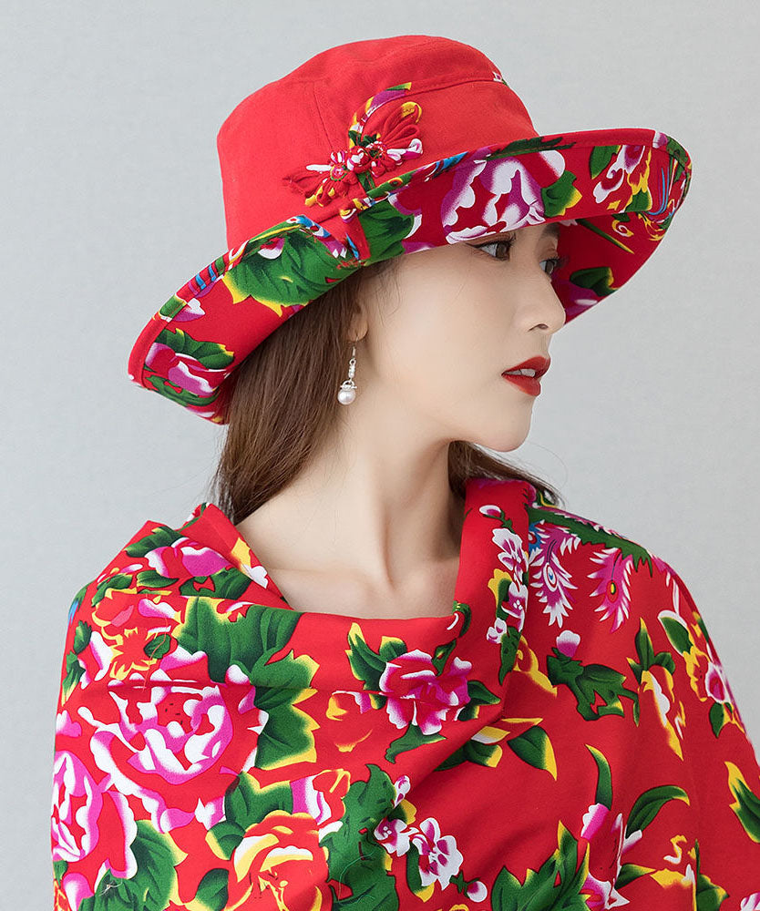 Vintage Red Print Linen Contton Floppy Sun Hat dylinoshop
