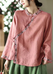 Vintage Red Stand Collar Embroideried Linen Shirt Top Long Sleeve GK-LTP220418