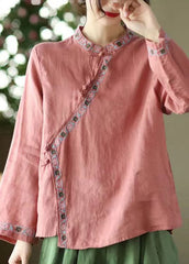 Vintage Red Stand Collar Embroideried Linen Shirt Top Long Sleeve GK-LTP220418