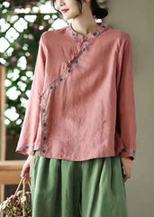 Vintage Red Stand Collar Embroideried Linen Shirt Top Long Sleeve GK-LTP220418