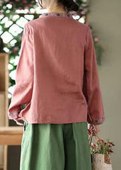 Vintage Red Stand Collar Embroideried Linen Shirt Top Long Sleeve GK-LTP220418