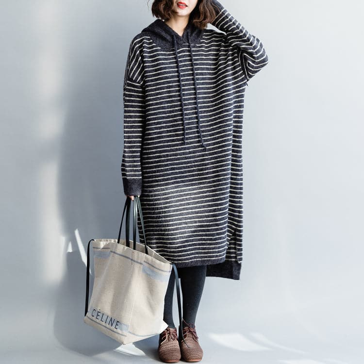 Vintage Sweater knit top pattern Moda hooded gray striped Mujer knit dress NSD181220