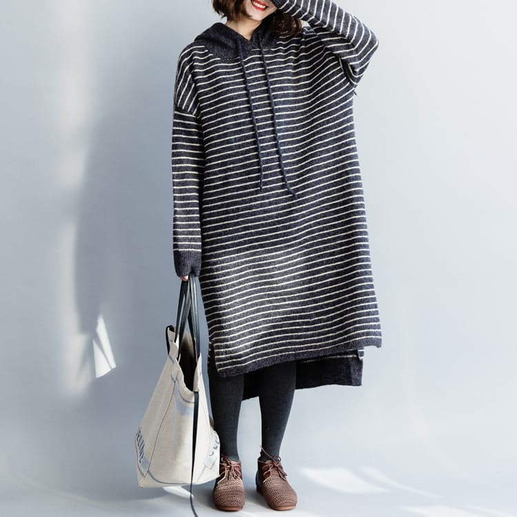 Vintage Sweater knit top pattern Moda hooded gray striped Mujer knit dress NSD181220