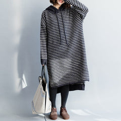 Vintage Sweater knit top pattern Moda hooded gray striped Mujer knit dress NSD181220
