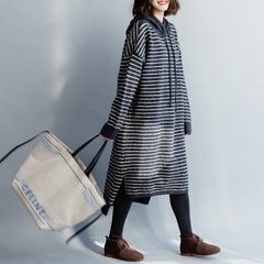 Vintage Sweater knit top pattern Moda hooded gray striped Mujer knit dress NSD181220