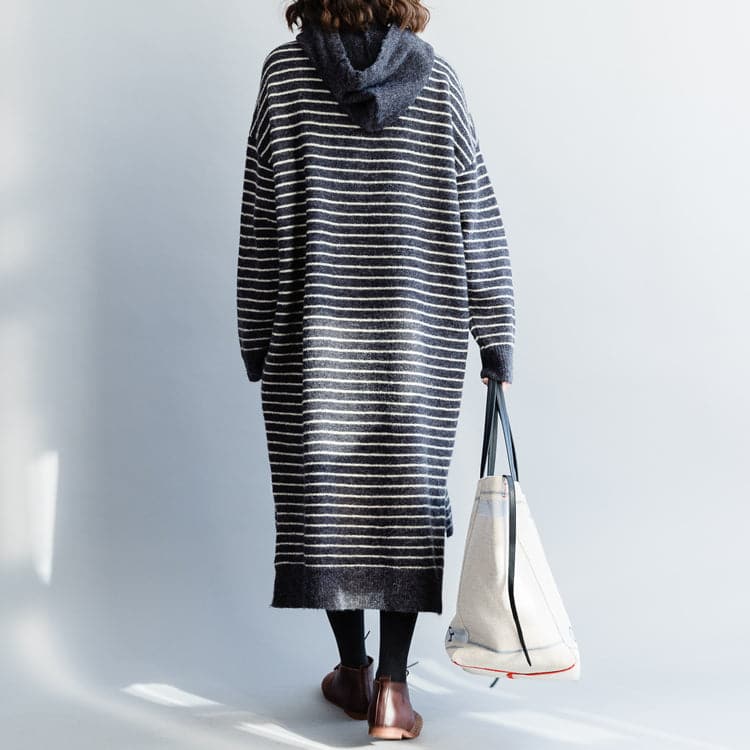 Vintage Sweater knit top pattern Moda hooded gray striped Mujer knit dress NSD181220