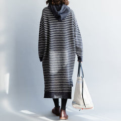 Vintage Sweater knit top pattern Moda hooded gray striped Mujer knit dress NSD181220