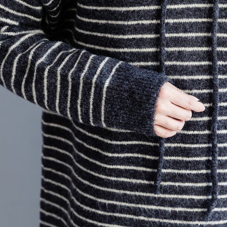 Vintage Sweater knit top pattern Moda hooded gray striped Mujer knit dress NSD181220