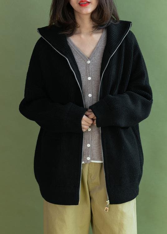 Vintage black Loose fitting winter zippered knit outwear NCT191125