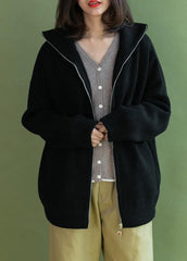Vintage black Loose fitting winter zippered knit outwear NCT191125