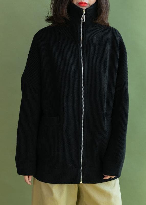 Vintage black Loose fitting winter zippered knit outwear NCT191125